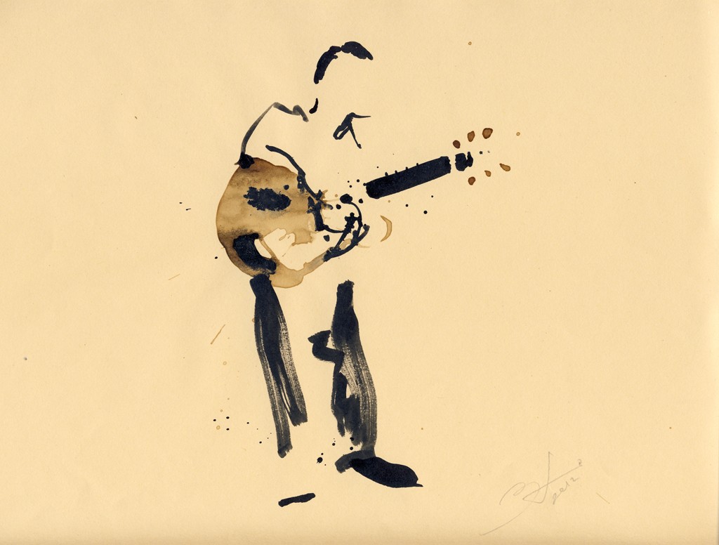 2012 06 23 Francesco Di Cicco con la chitarra ferrari, tecnica mista su carta, cm 23x33